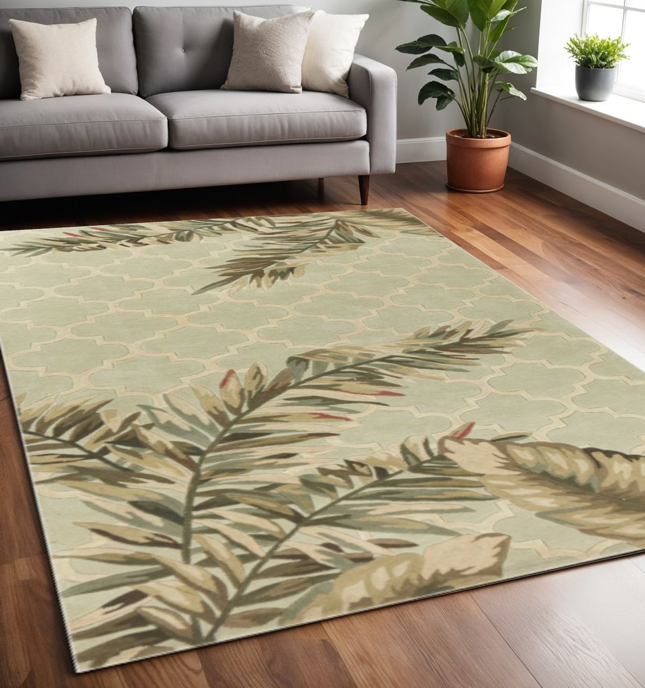 4' X 6' Sage Taupe And Green Wool Tropical Botanical Hand Tufted Area Rug