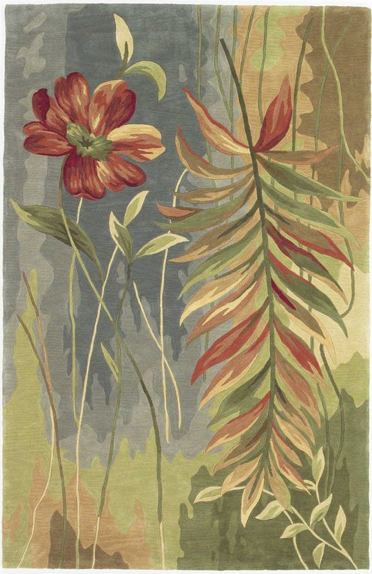 5' X 8' Blue And Green Wool Tropical Botanical Hand Tufted Area Rug