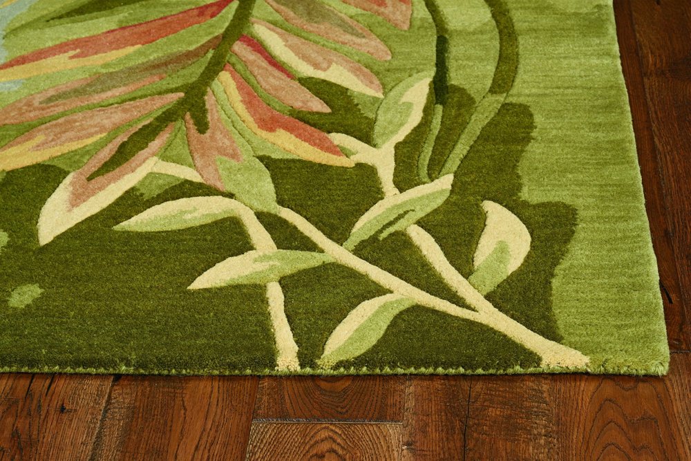 5' X 8' Blue And Green Wool Tropical Botanical Hand Tufted Area Rug
