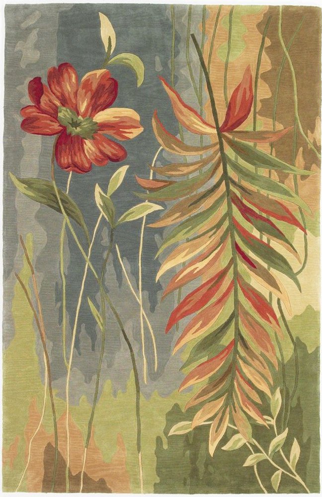 5' X 8' Blue And Green Wool Tropical Botanical Hand Tufted Area Rug