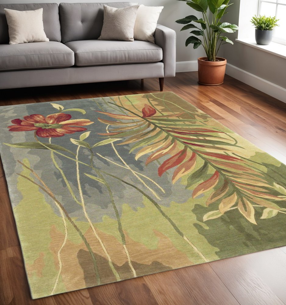 5' X 8' Blue And Green Wool Tropical Botanical Hand Tufted Area Rug