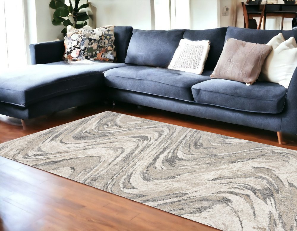 7' X 9' Gray And Tan Abstract Area Rug