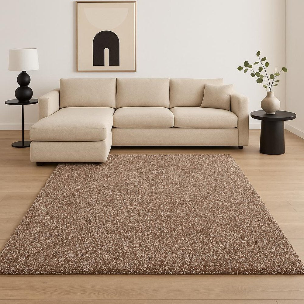 5' X 7' Beige And Brown Abstract Shag Hand Woven Area Rug