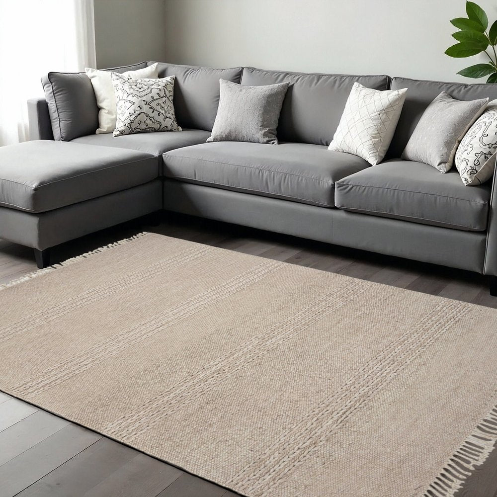 7' X 9' Beige Wool Hand Woven Area Rug