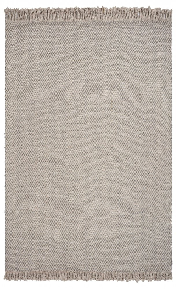 8' X 10' Beige And Gray Wool Chevron Hand Woven Area Rug With Fringe