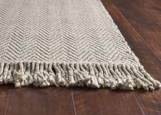 8' X 10' Beige And Gray Wool Chevron Hand Woven Area Rug With Fringe