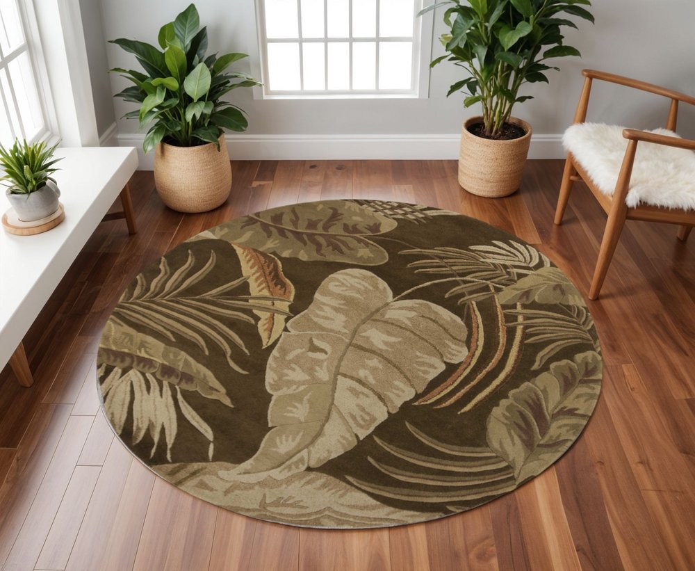 3' X 5' Brown And Beige Wool Botanical Leaves Hand Tufted Area Rug