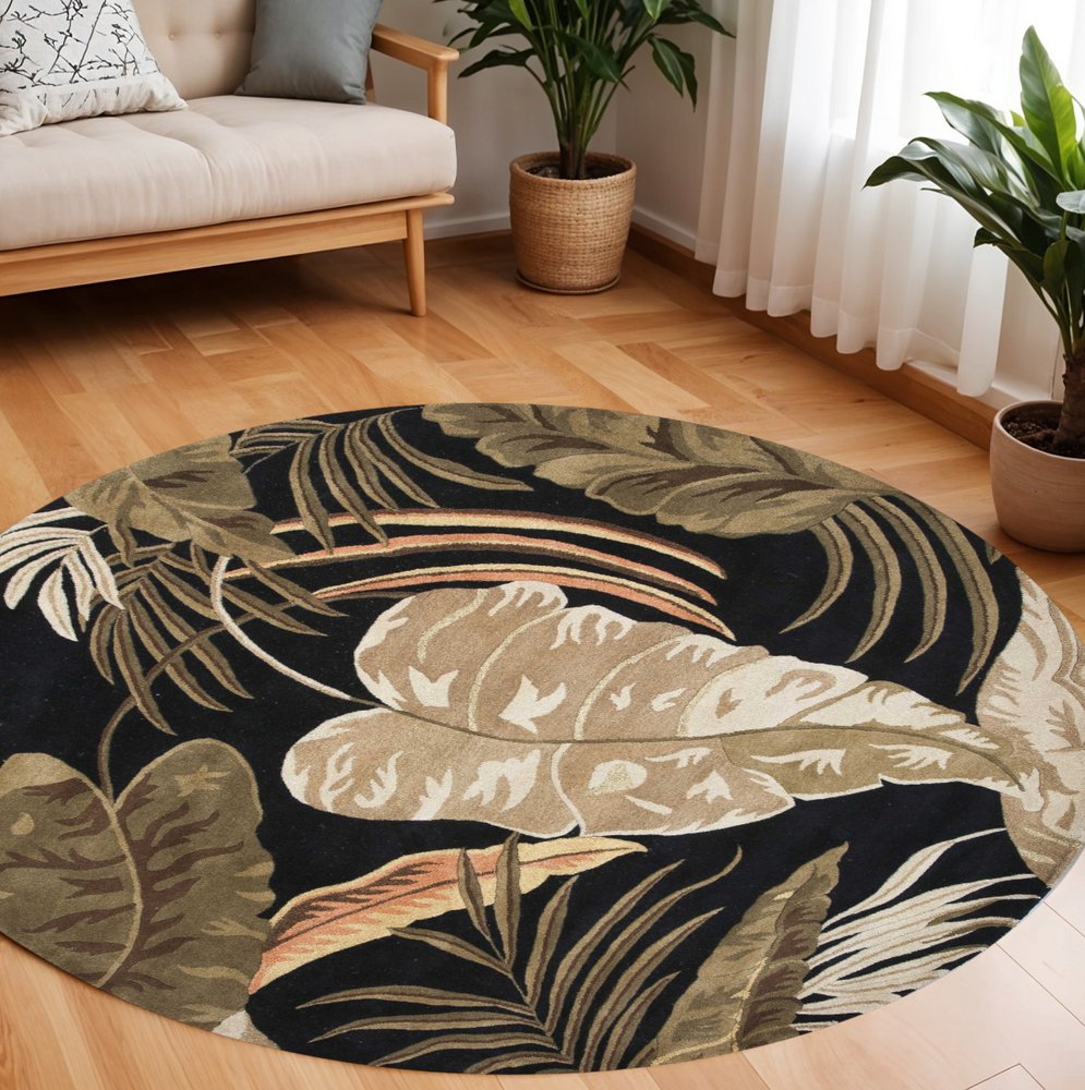 3' X 5' Black Beige And Brown Wool Botanical Leaves Hand Tufted Area Rug