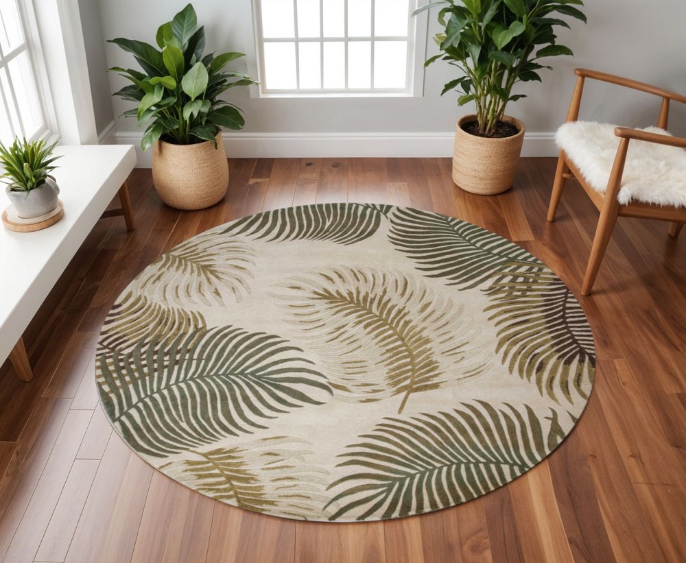 8' X 11' Natural Green And Brown Wool Botanical Leaves Hand Tufted Area Rug