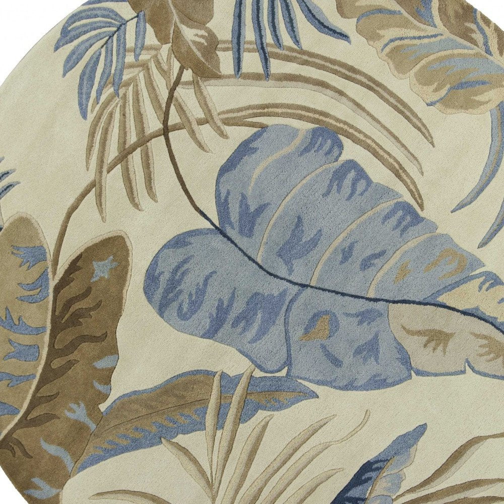5' X 8' Ivory Blue And Brown Wool Tropical Botanical Hand Tufted Area Rug