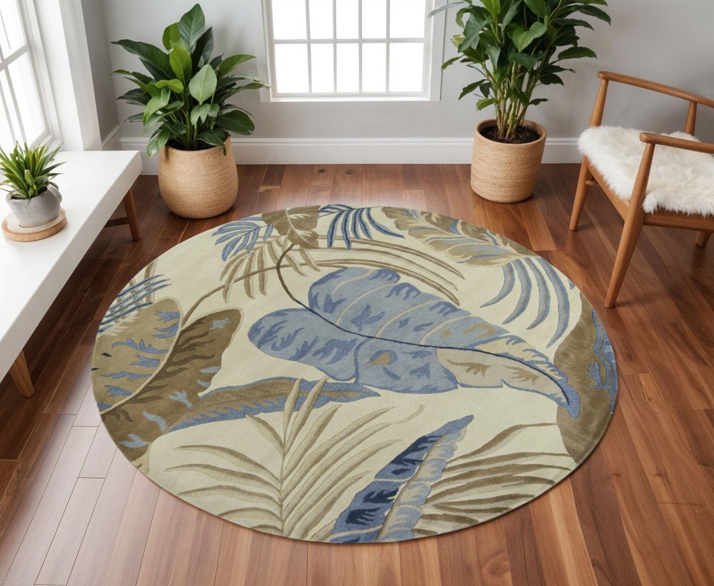 5' X 8' Ivory Blue And Brown Wool Tropical Botanical Hand Tufted Area Rug
