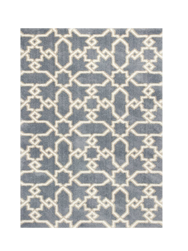 5' X 8' Slate Blue And Ivory Geometric Area Rug