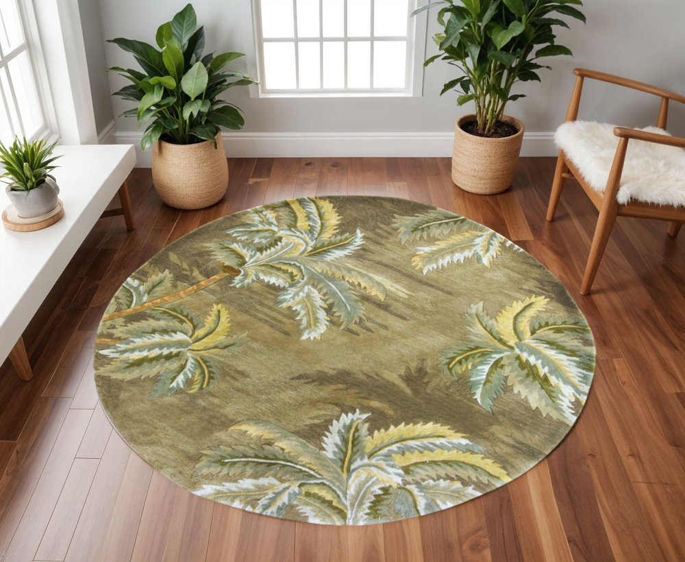 5' X 8' Moss Green And Yellow Wool Tropical Botanical Hand Tufted Area Rug