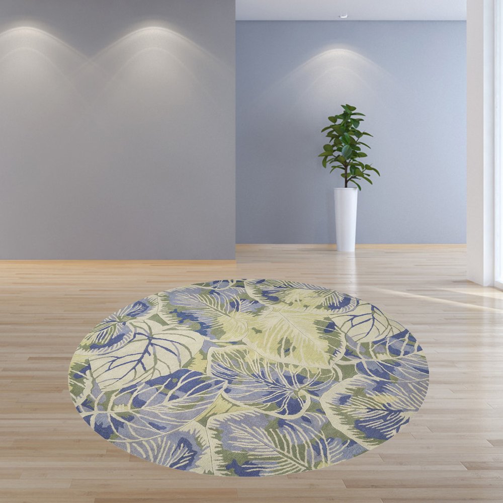 3' X 5' Blue Green And Beige Wool Tropical Botanical Hand Tufted Area Rug