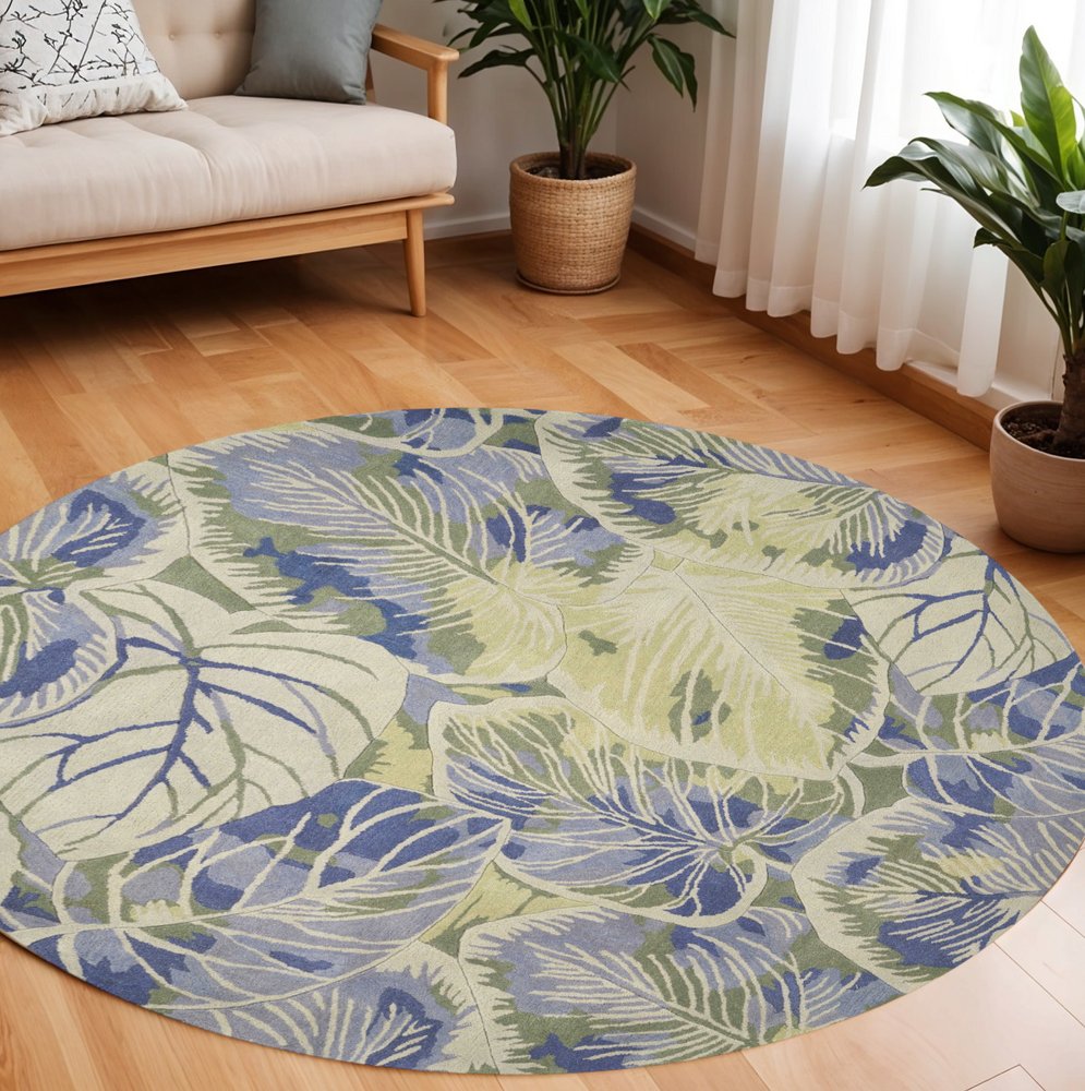 3' X 5' Blue Green And Beige Wool Tropical Botanical Hand Tufted Area Rug