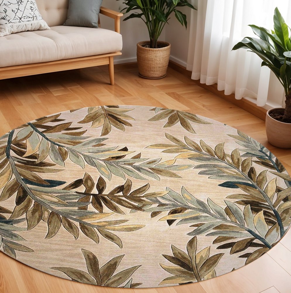 9' X 12' Ivory Brown And Blue Wool Botanical Leaves Hand Tufted Area Rug
