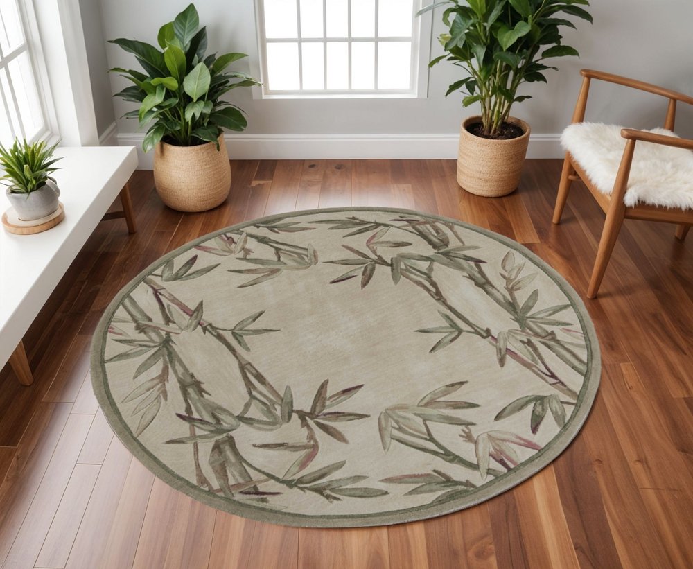5' X 8' Ivory Green And Brown Wool Botanical Leaves Hand Tufted Area Rug