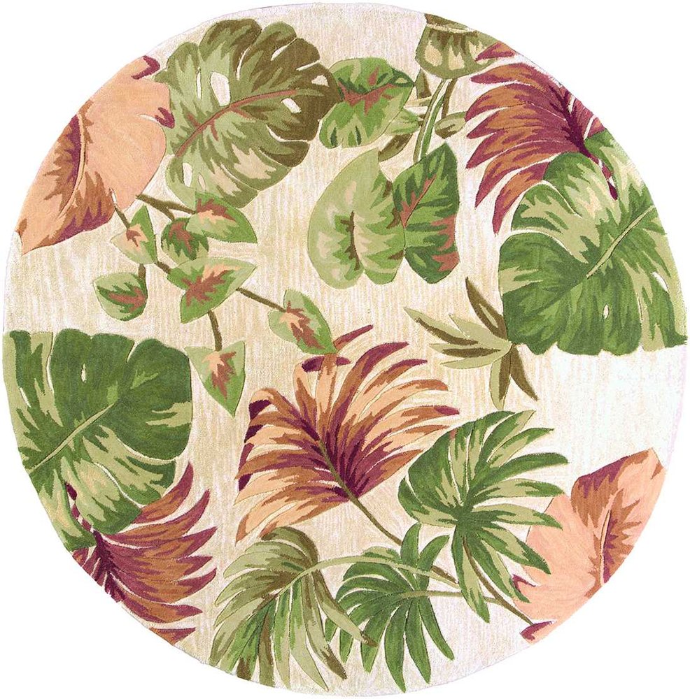 7' Beige Green And Pink Wool Botanical Leaves Hand Tufted Round Rug
