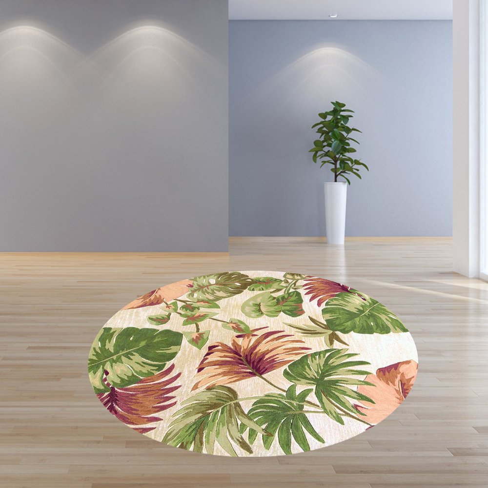 7' Beige Green And Pink Wool Botanical Leaves Hand Tufted Round Rug