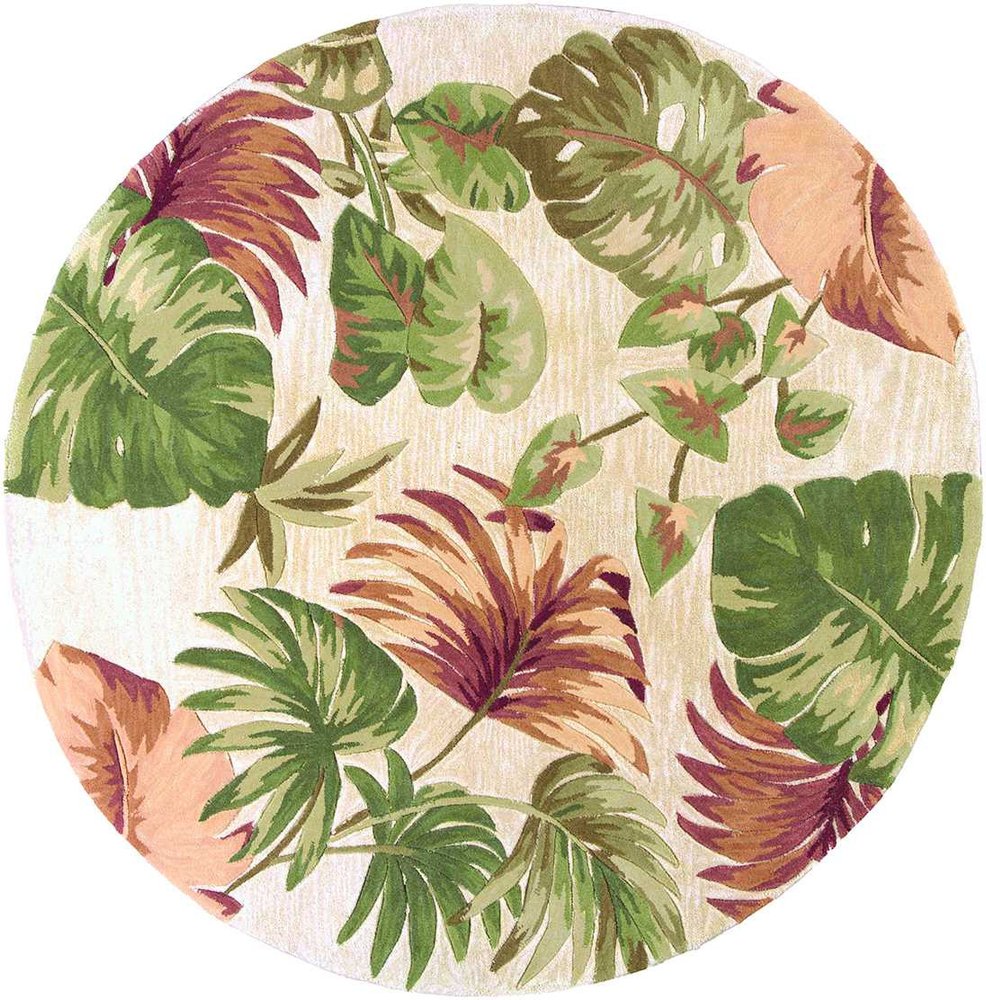7' Beige Green And Pink Wool Botanical Leaves Hand Tufted Round Rug