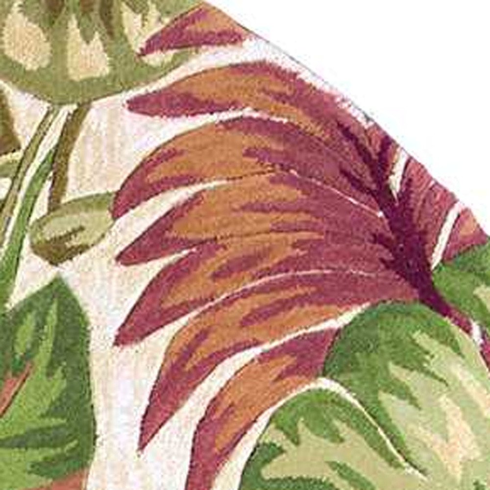 7' Beige Green And Pink Wool Botanical Leaves Hand Tufted Round Rug