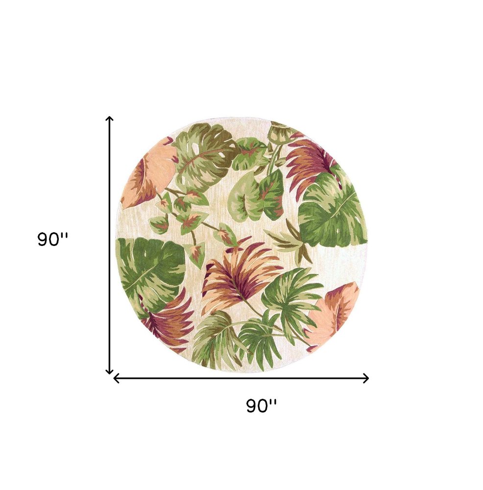 7' Beige Green And Pink Wool Botanical Leaves Hand Tufted Round Rug