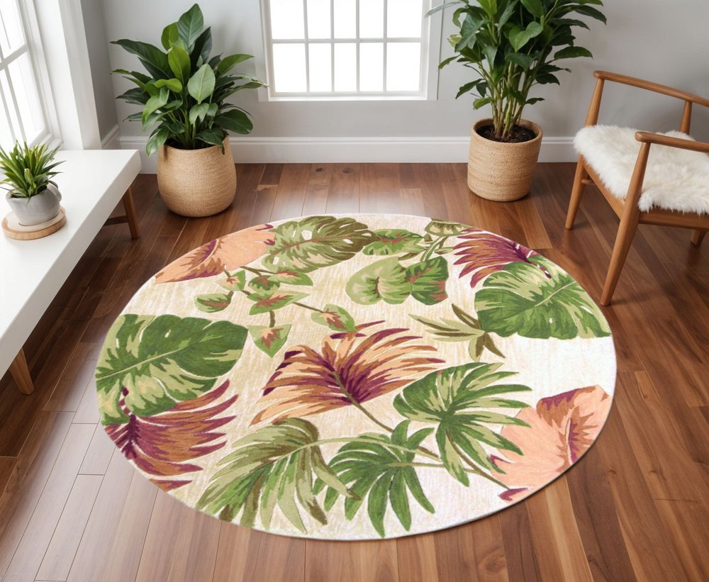 7' Beige Green And Pink Wool Botanical Leaves Hand Tufted Round Rug