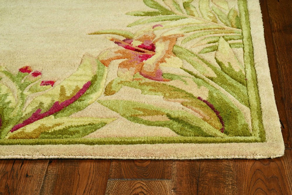 8' X 11' Beige Red And Green Wool Tropical Floral Hand Tufted Area Rug