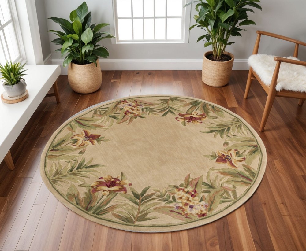 8' X 11' Beige Red And Green Wool Tropical Floral Hand Tufted Area Rug