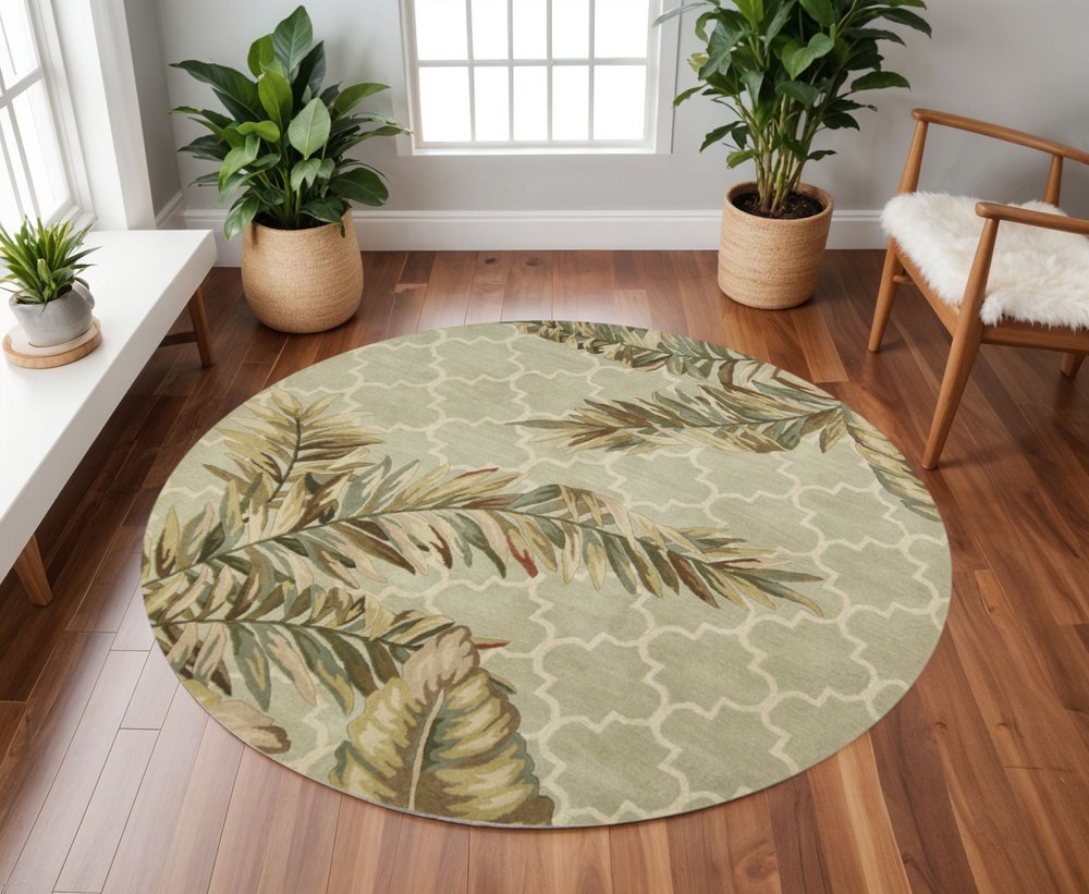 4' X 6' Sage Taupe And Green Wool Tropical Botanical Hand Tufted Area Rug