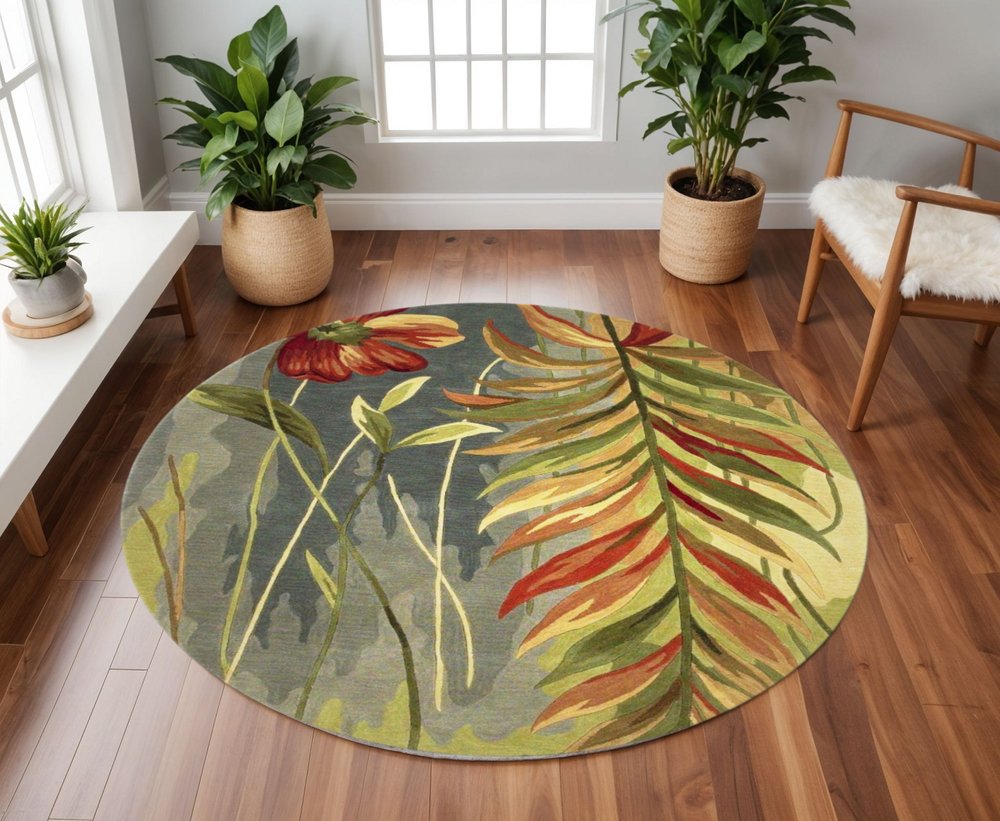 5' X 8' Blue And Green Wool Tropical Botanical Hand Tufted Area Rug