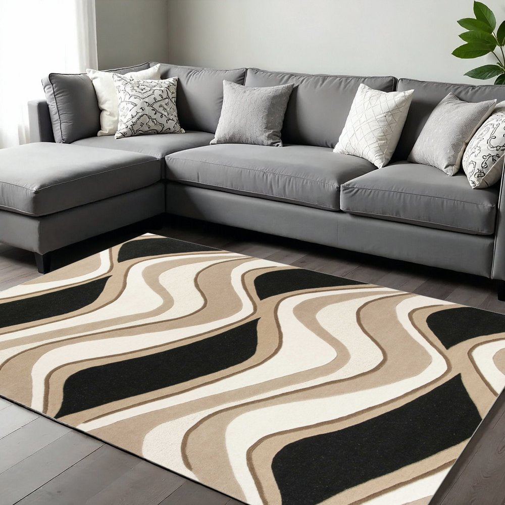 8' X 11' Beige And Black Wool Abstract Hand Tufted Area Rug