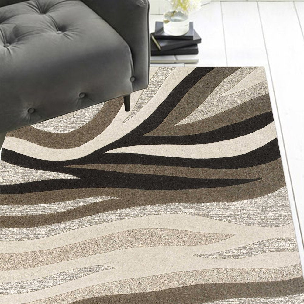 8' X 10' Beige Ivory And Black Wool Abstract Hand Tufted Area Rug