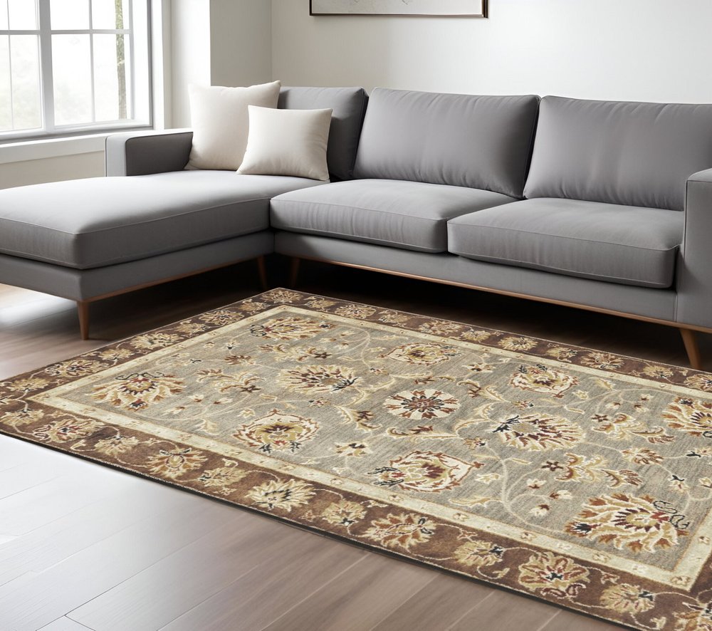 3' X 5' Gray Brown And Ivory Wool Floral Medallion Hand Tufted Area Rug