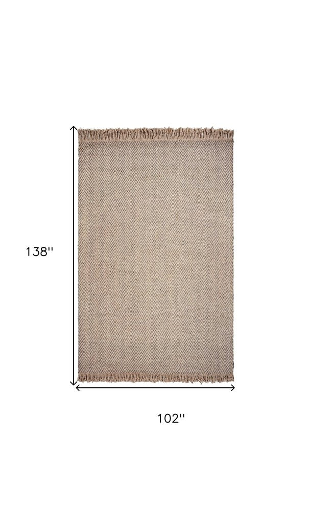 8' X 10' Beige And Gray Wool Chevron Hand Woven Area Rug With Fringe