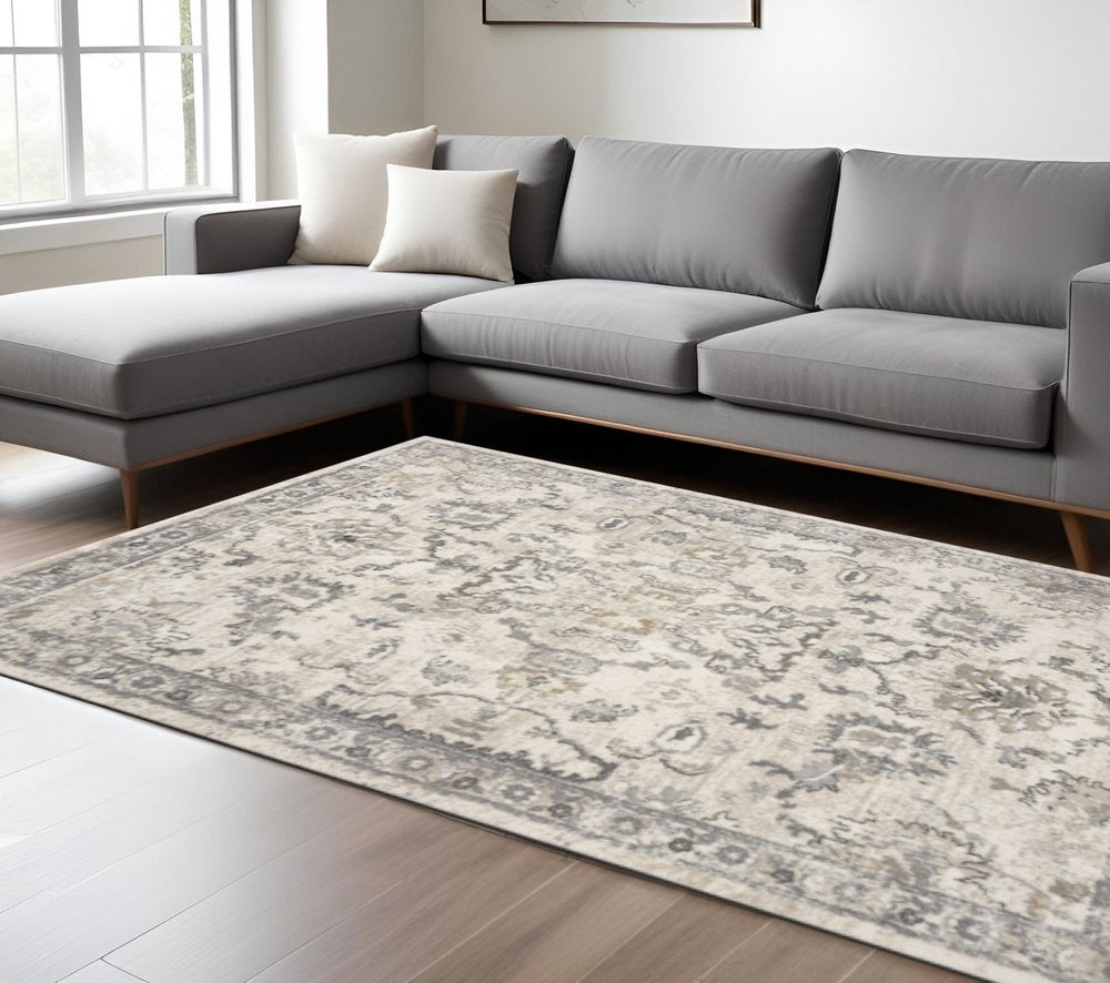 8' X 10' Ivory And Gray Floral Medallion Area Rug
