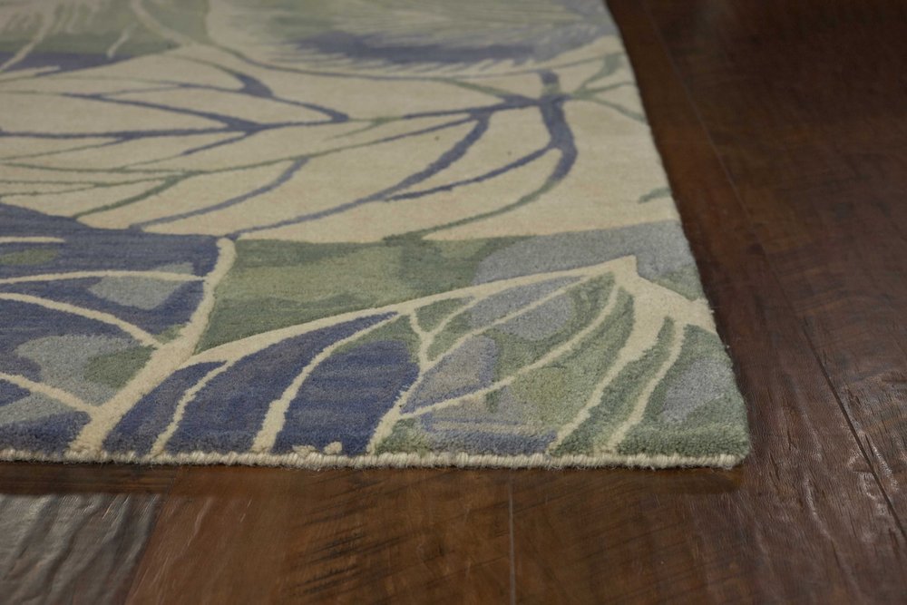 3' X 5' Blue Green And Beige Wool Tropical Botanical Hand Tufted Area Rug
