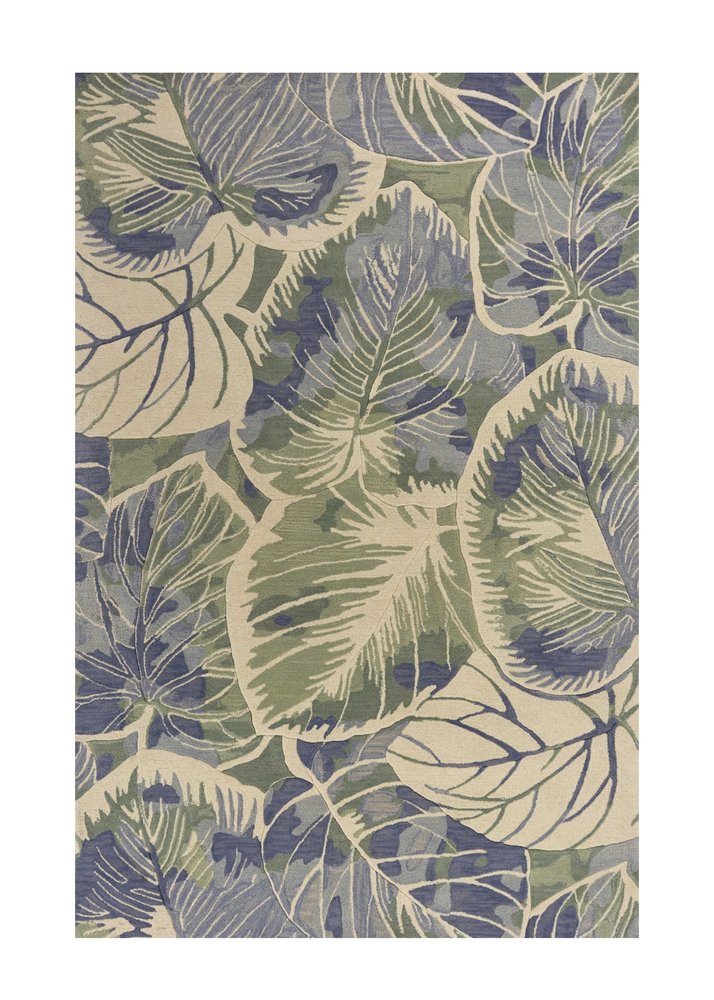 3' X 5' Blue Green And Beige Wool Tropical Botanical Hand Tufted Area Rug