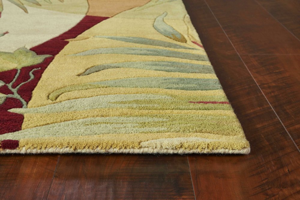 4' X 6' Coral Green And Ivory Wool Tropical Botanical Hand Tufted Area Rug