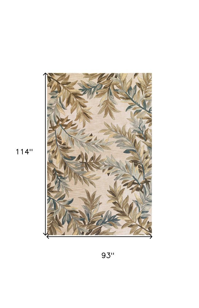 9' X 12' Ivory Brown And Blue Wool Botanical Leaves Hand Tufted Area Rug