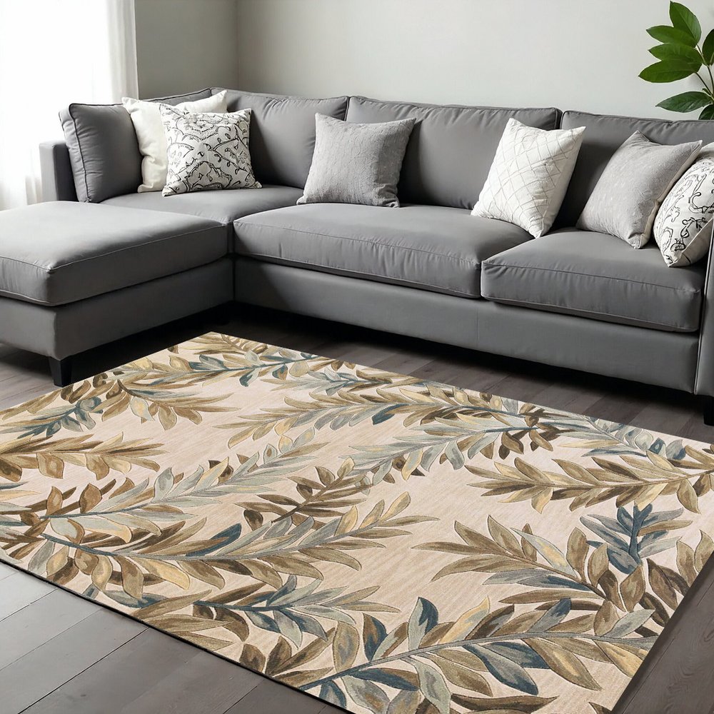 9' X 12' Ivory Brown And Blue Wool Botanical Leaves Hand Tufted Area Rug