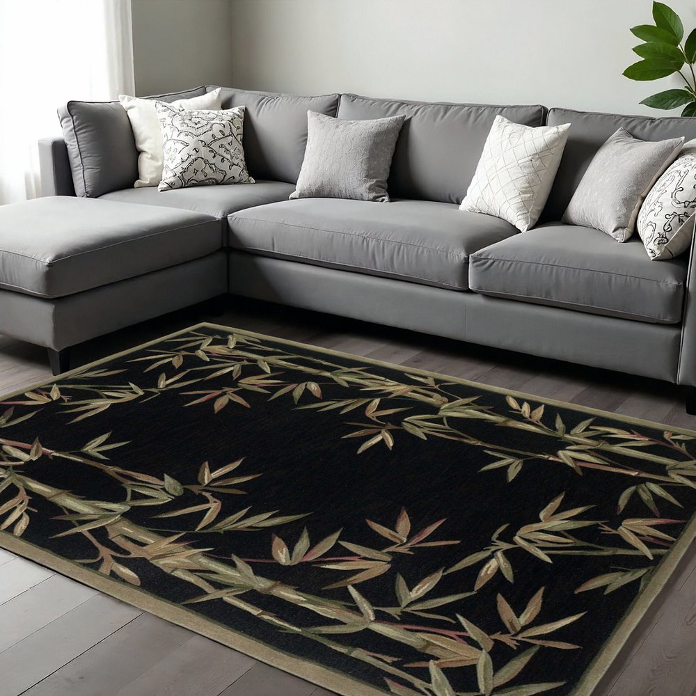 4' X 6' Black Green And Brown Wool Tropical Botanical Hand Tufted Area Rug