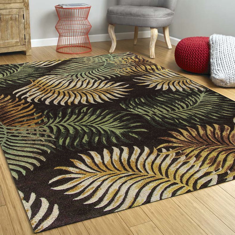 5' X 8' Espresso Beige And Green Wool Botanical Leaves Hand Tufted Area Rug