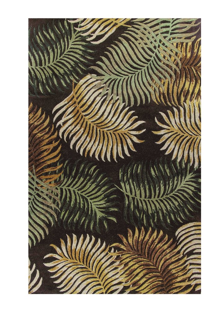 5' X 8' Espresso Beige And Green Wool Botanical Leaves Hand Tufted Area Rug
