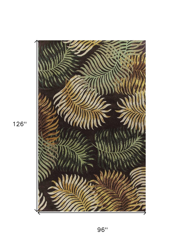 5' X 8' Espresso Beige And Green Wool Botanical Leaves Hand Tufted Area Rug