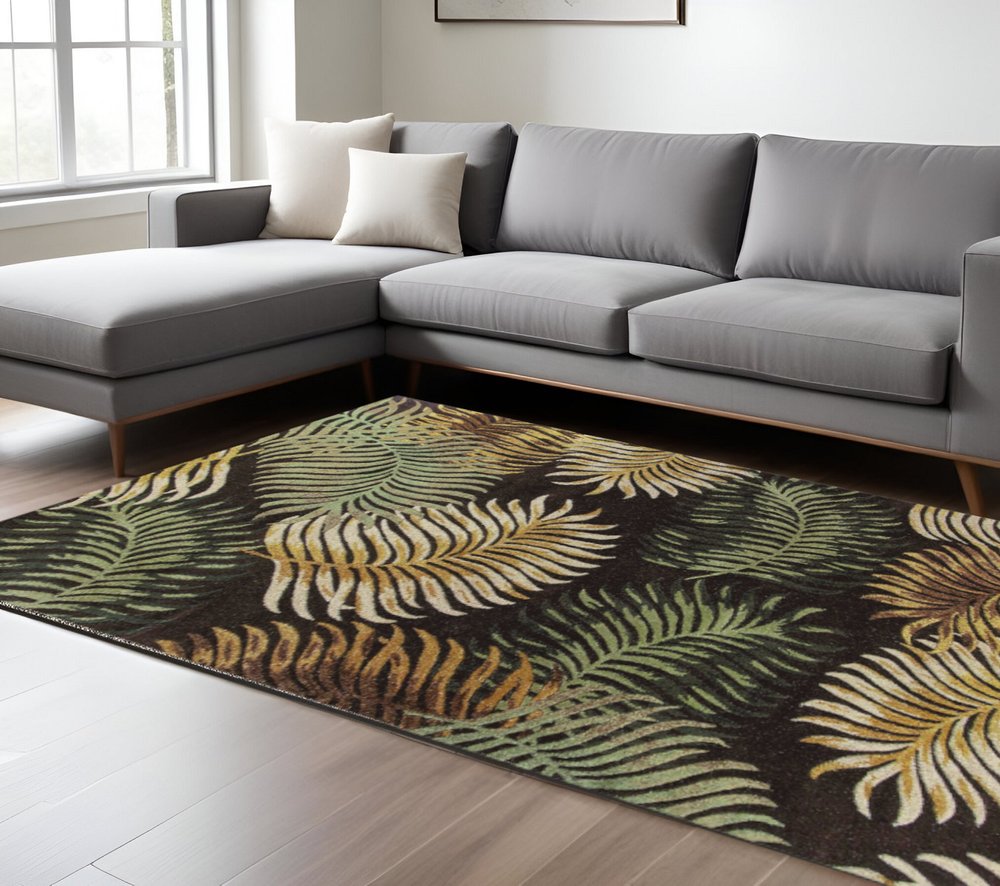 5' X 8' Espresso Beige And Green Wool Botanical Leaves Hand Tufted Area Rug