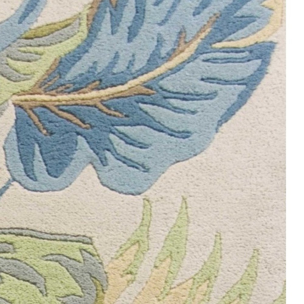 5' X 8' Ivory And Blue Wool Botanical Leaves Hand Tufted Area Rug