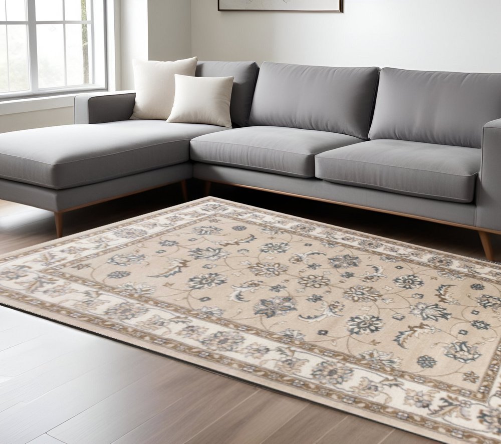 5' X 8' Beige And Ivory Floral Medallion Area Rug