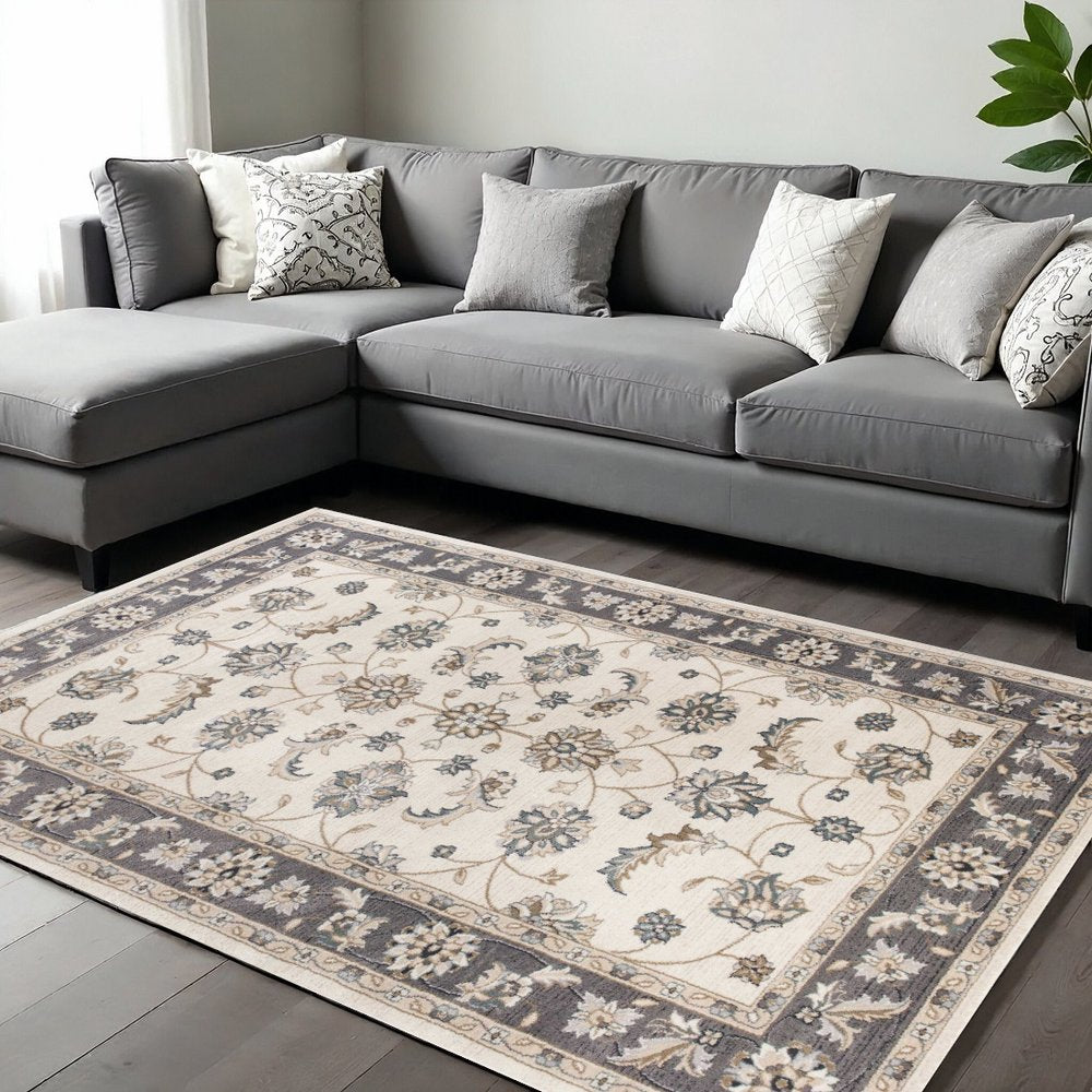 8' Gray And Ivory Floral Medallion Runner Rug