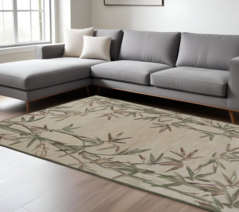 5' X 8' Ivory Green And Brown Wool Botanical Leaves Hand Tufted Area Rug